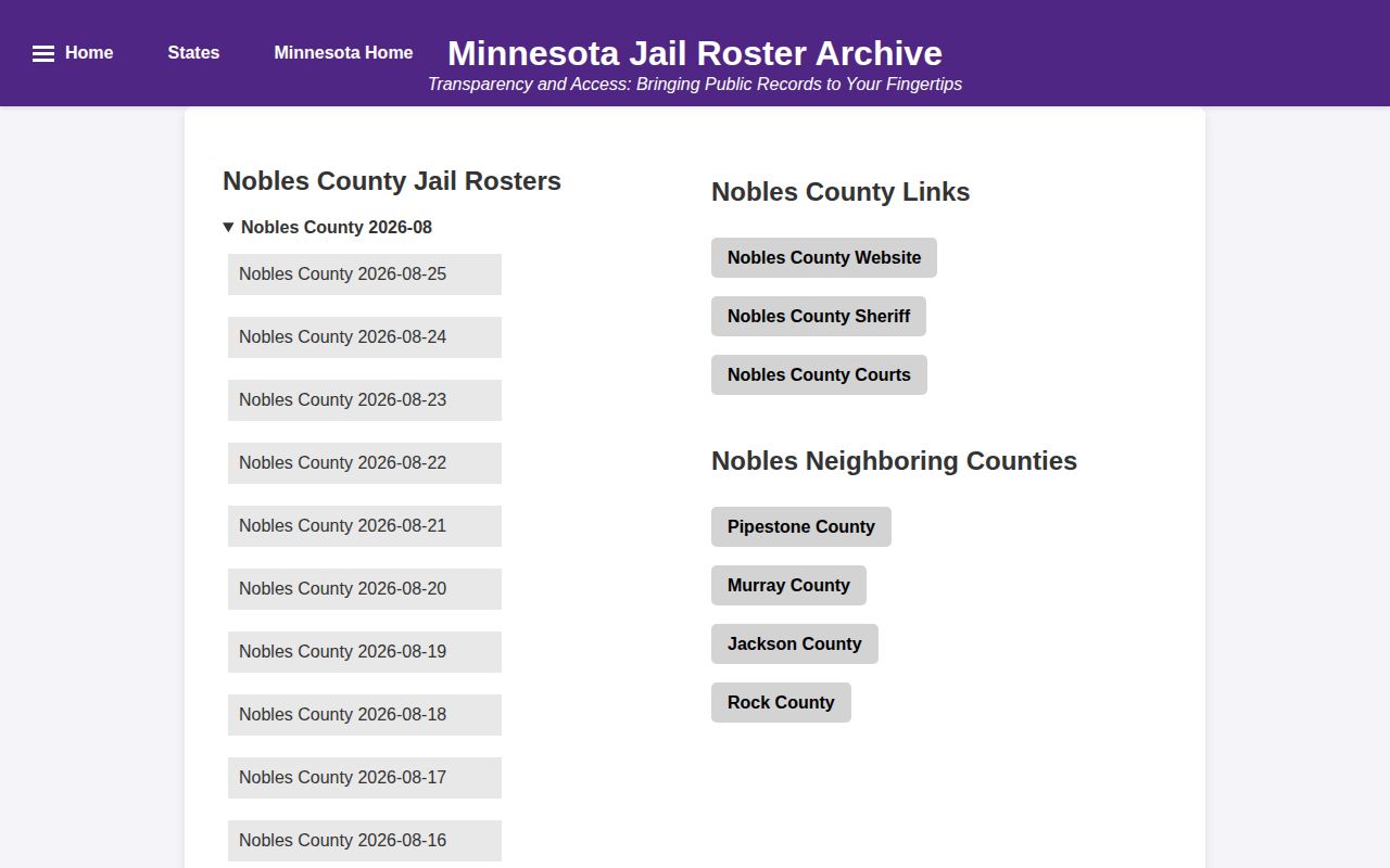 Nobles County JailRosters archive index for dated booking-record copies