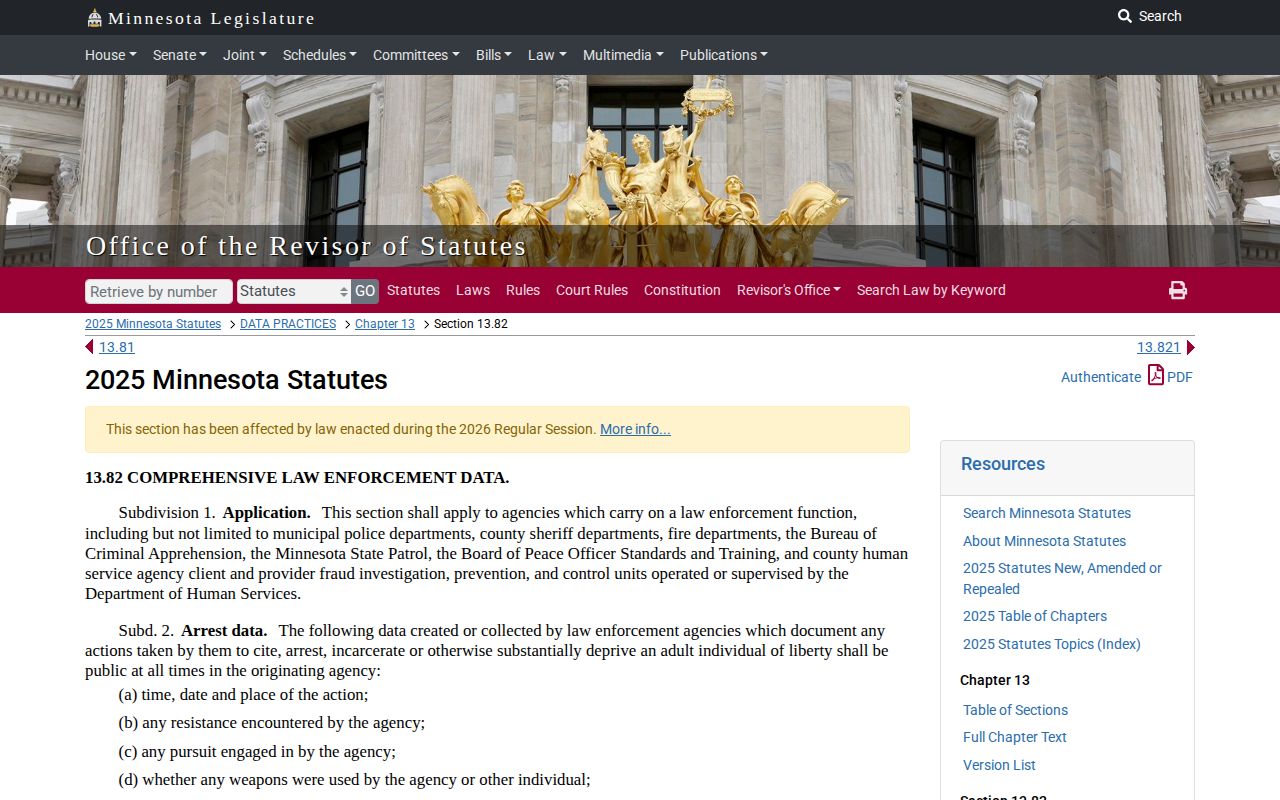 Nobles County warrant-record law reference under Minnesota Statutes section 13.82